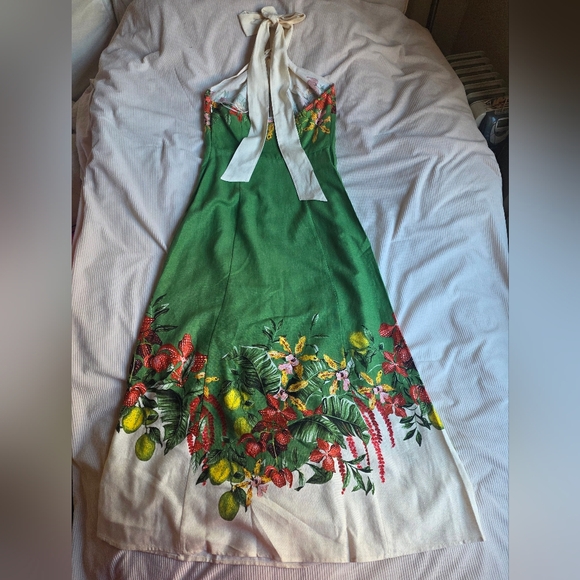H&M PREMIUM linen-blend halterneck dress floral green/flowers BNWT - Picture 2 of 16